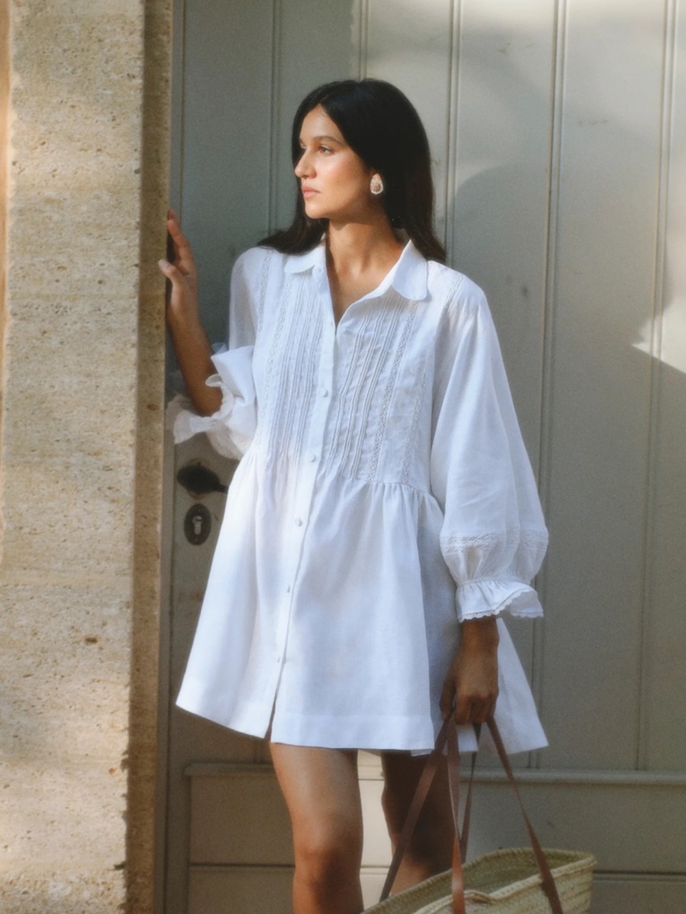 White Pintuck Button-Front Linen Althea Dress